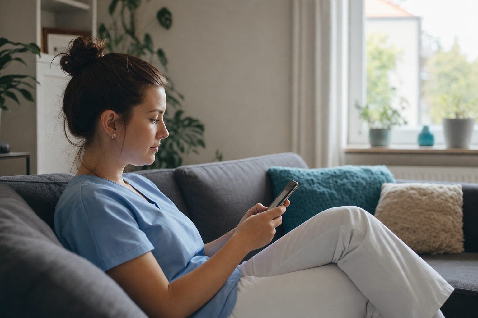 Fachkraft zuhause auf dem Sofa mit dem Telefon in der Hand
