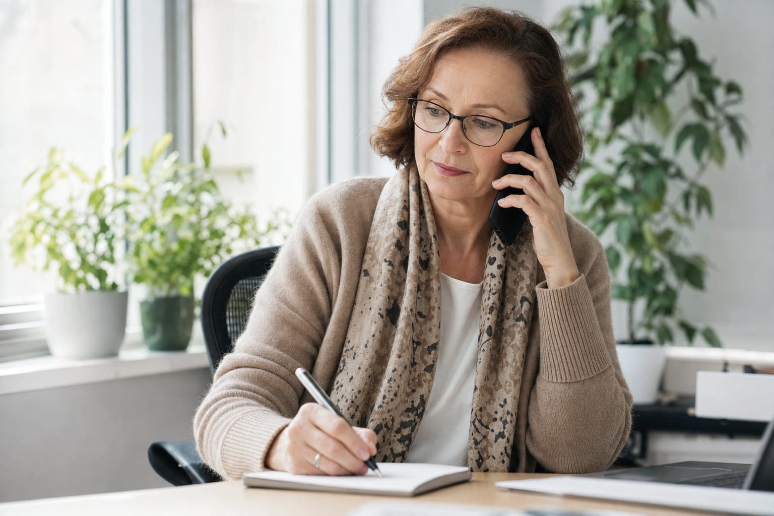 Recruiterin im Telefonat mit Notizblock am Schreibtisch